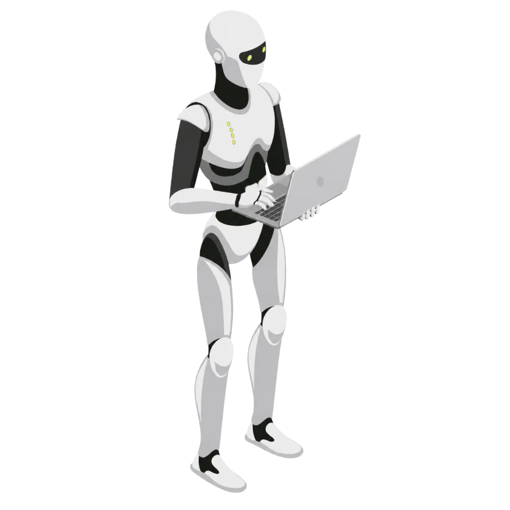 Illustration of a humanoid robot holding a laptop